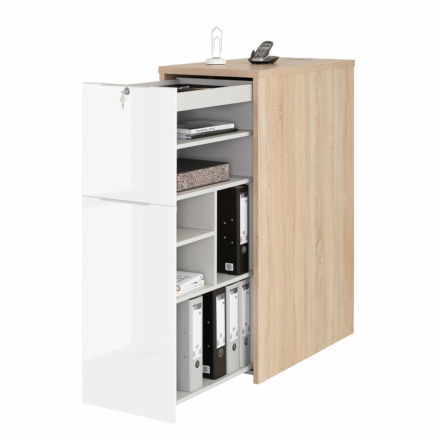 Maja Möbel Container eDJUST II - Hochglanz Weiß / Eiche Riviera Dekor 6 Maja Möbel Container eDJUST II - Hochglanz Weiß / Eiche Riviera Dekor – Bild 4