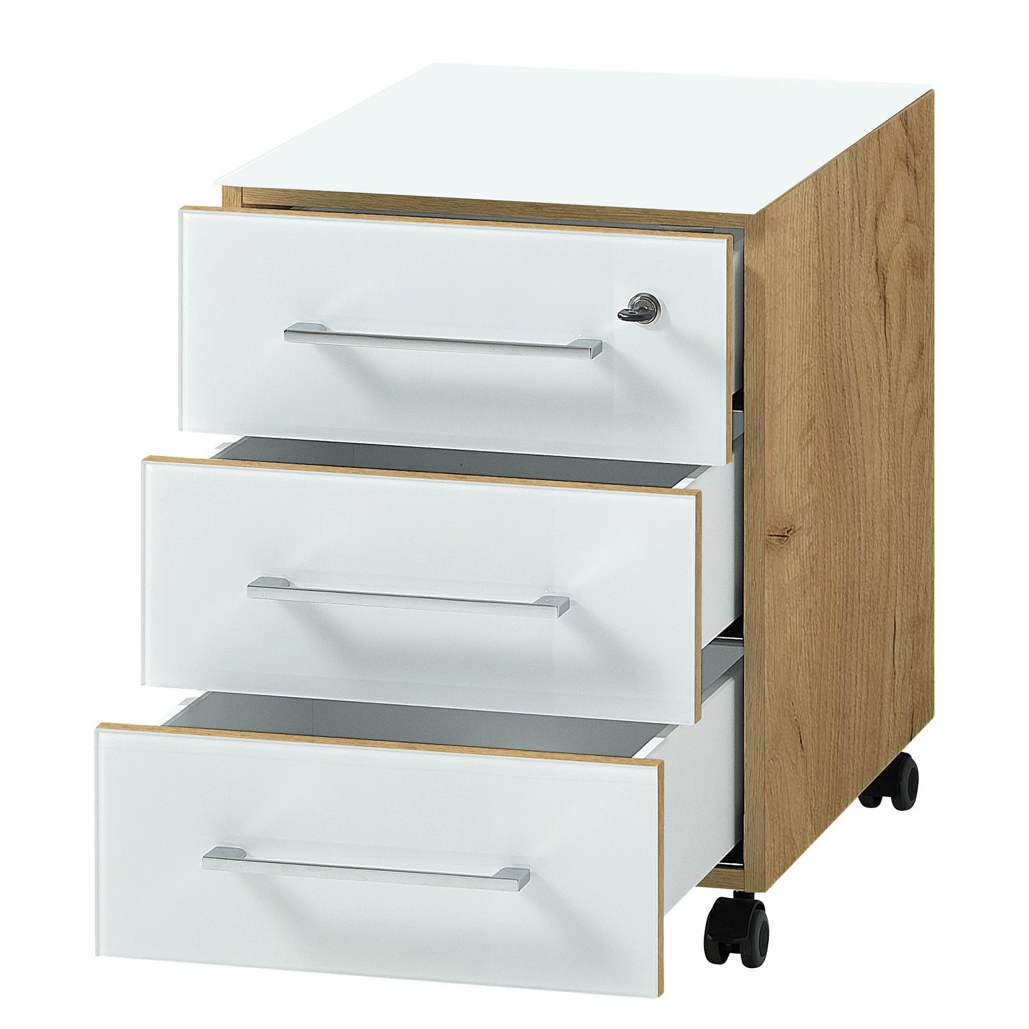 Rollcontainer Monteria - Glas - Weiß / Eiche Navarra Dekor 6 Rollcontainer Monteria - Glas - Weiß / Eiche Navarra Dekor – Bild 4