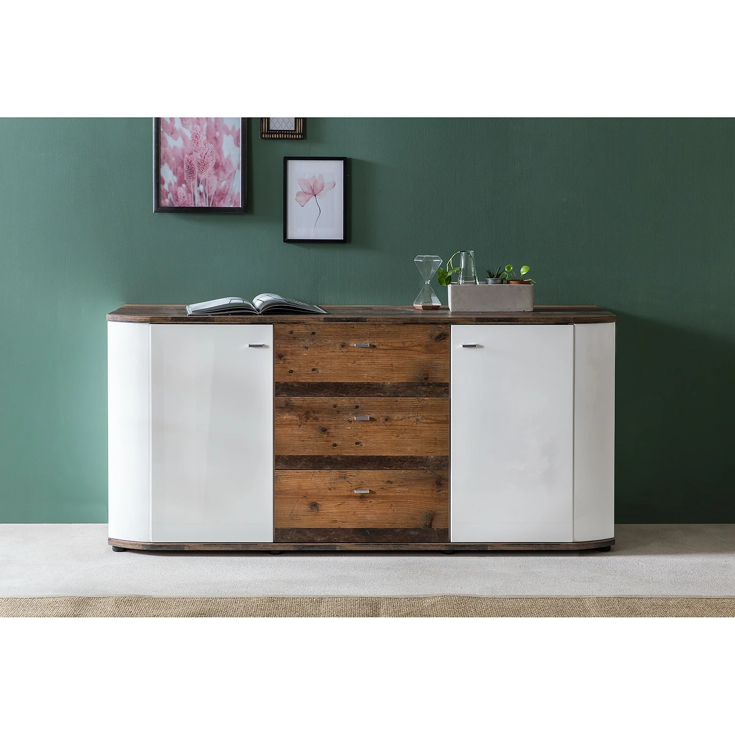 Fredriks Sideboard Karlsburg - Hochglanz Weiß / Altholz Dekor 4 Fredriks Sideboard Karlsburg - Hochglanz Weiß / Altholz Dekor – Bild 2