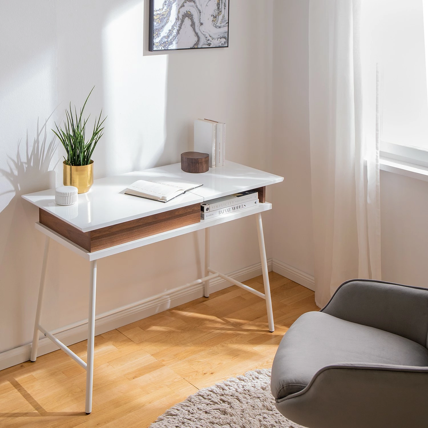 Fredriks Schreibtisch Paide - (Höhenverstellbar) - Hochglanz Weiß / Walnuss Dekor 7 Fredriks Schreibtisch Paide - (Höhenverstellbar) - Hochglanz Weiß / Walnuss Dekor – Bild 5