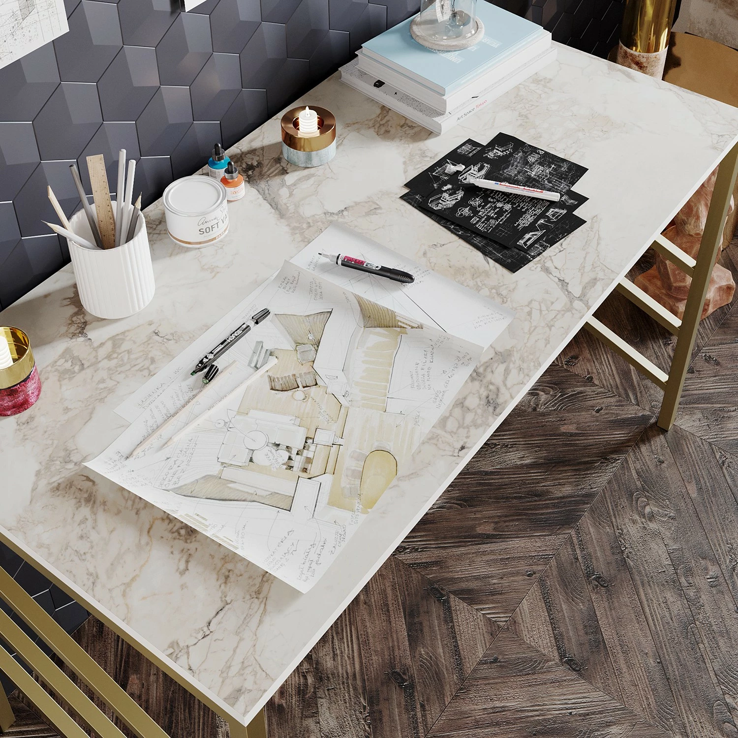 Red Living Schreibtisch Aneta - Marmor Weiß Dekor 5 Red Living Schreibtisch Aneta - Marmor Weiß Dekor – Bild 3