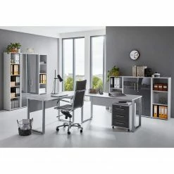 Furnitive Büro-Set Avin VIII (8-teilig) - Lichtgrau / Hochglanz Anthrazit