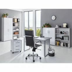 Furnitive Büro-Set Avin XI (6-teilig) - Lichtgrau / Hochglanz Weiß