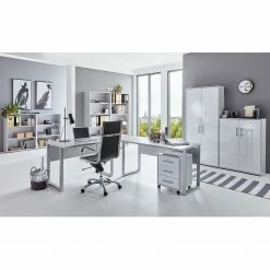 Furnitive Büro-Set Avin IX (8-teilig) - Lichtgrau / Hochglanz Weiß