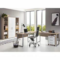 Furnitive Büroset Avin II (5-teilig) - Eiche Sonoma Dekor / Hochglanz Weiß