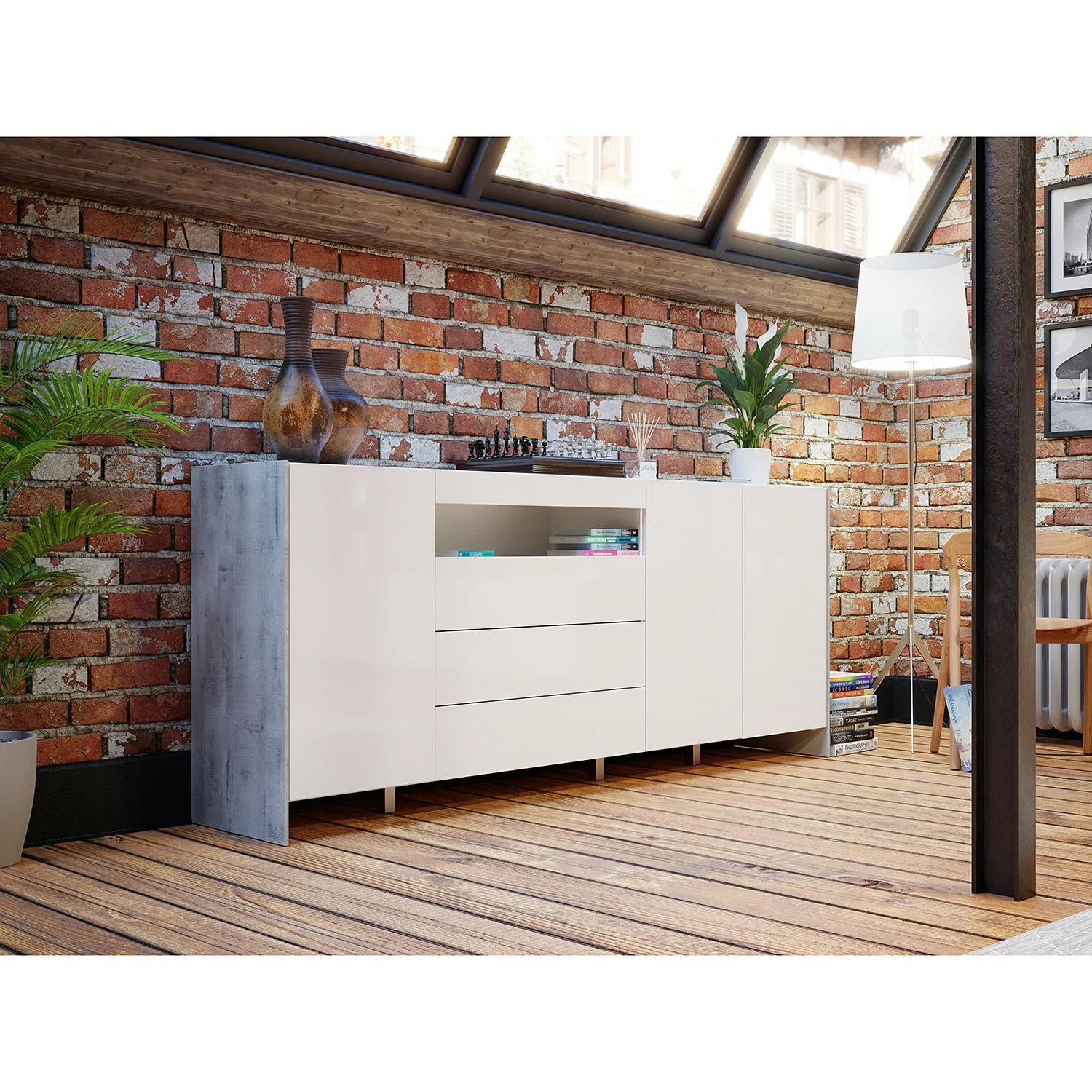 Loftscape Sideboard Urban II - Inkl. Beleuchtung - Weiß / Eiche Grau Dekor 4 Loftscape Sideboard Urban II - Inkl. Beleuchtung - Weiß / Eiche Grau Dekor – Bild 2