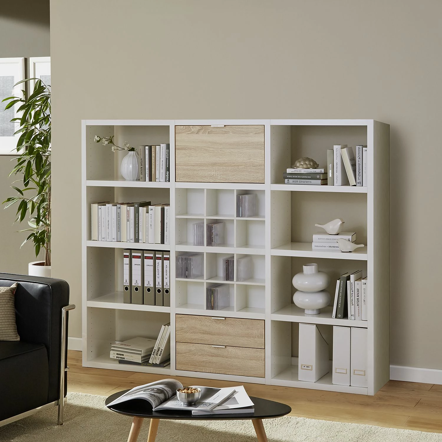 Fredriks Regal Concept V - Hochglanz Weiß / Eiche Dekor 4 Fredriks Regal Concept V - Hochglanz Weiß / Eiche Dekor – Bild 2