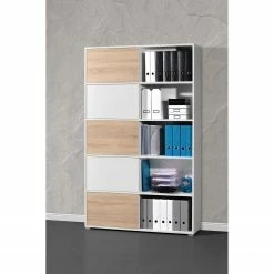 Schiebetürenregal Mingle I - Weiß / Eiche Sonoma Dekor -Möbel Verkäufe 2024 schiebetuerenregal mingle i weiss eiche sonoma dekor 5029144