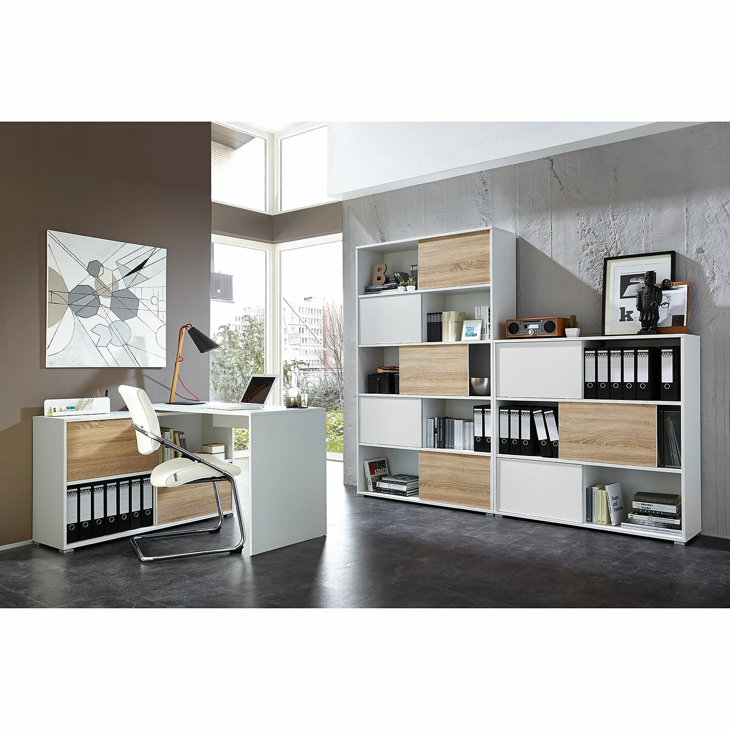 Germania Schiebetürenregal Mingle II - Weiß/Eiche Sonoma Dekor 6 Germania Schiebetürenregal Mingle II - Weiß/Eiche Sonoma Dekor – Bild 4